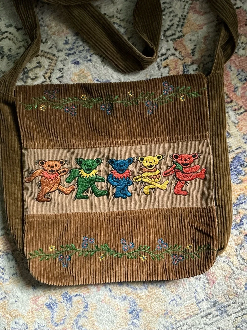 Brown Corduroy Messenger Bag with Embroidered Multicolor Dancing Bears